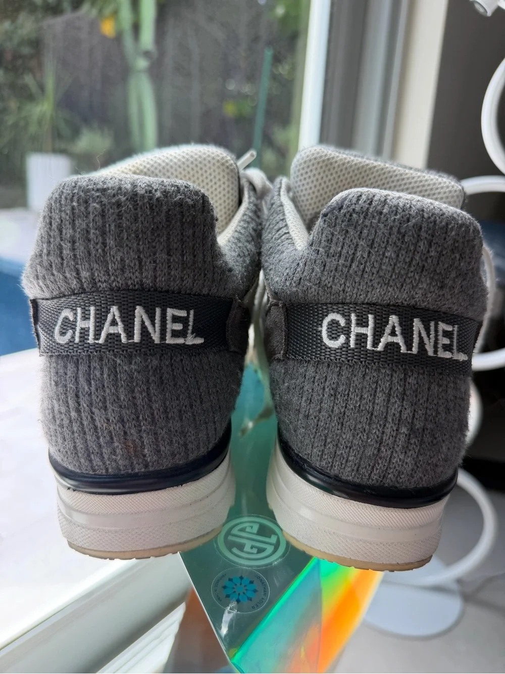 CHANEL Kids' Gray Knit Logo Back Sneakers